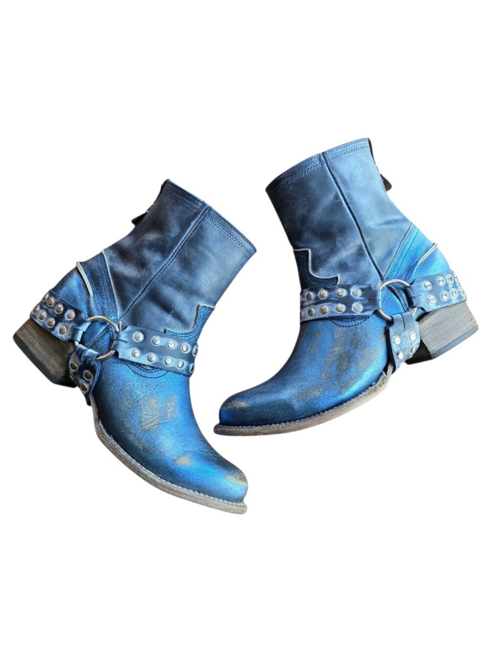 Freebird By Steven Metallic Blue Leather Harness Ramone Boots - Picture 7 of 11